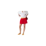 Short rojo de estilo deportivo de la marca Eme Studios, con bolsillos laterales con cierre y líneas blancas a los costados. Presenta el logo de la marca bordado en blanco en la pierna izquierda.