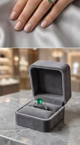 Anillo de plata 925 con piedra central en forma de corazón de color verde y detalles de circonias tipo baguette en los laterales.