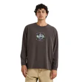 Remera de manga larga color negro con efecto lavado vintage. Presenta un pequeño estampado gráfico central en el pecho con motivos naturales y texto.