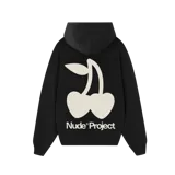 Hoodie Nude Project de algodón de alto gramaje, con corte oversized, capucha amplia, bolsillo canguro y terminaciones acanaladas. Presenta un gráfico de cerezas en color crema en la espalda junto al logo de la marca.