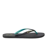 Ojotas negras con tiras de goma color verde agua y logo Rip Curl en dorado.