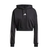 Buzo tipo canguro crop con capucha y cordón ajustable, color negro. Presenta el logo de Adidas Badge of Sport en blanco en el pecho y las tres tiras blancas a lo largo de las mangas.