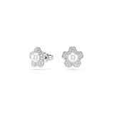 Conjunto de joyería compuesto por un collar y un par de aros de botón, ambos con diseño de flor. Cada pieza presenta una perla de cristal central rodeada de pétalos con pavé de cristales brillantes, con baño de rodio.