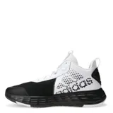 Championes de básquetbol Adidas modelo Own The Game 2.0, con diseño de caña media. Presentan una combinación de colores blanco y negro, con malla transpirable en la parte superior, refuerzos sintéticos y suela de caucho con amortiguación.