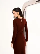 Blusa marrón de textura arrugada, corte ajustado y mangas largas.