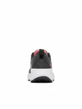 Championes de trekking Columbia Konos Trs Omni-Max para mujer, en color gris oscuro con entresuela blanca y detalles en coral. Diseñados con empeine de malla técnica y sistema Navic Fit para mayor soporte y comodidad en senderismo.