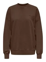 Buzo oversize para mujer de color marrón, con cuello redondo acanalado, hombros caídos y mangas largas. Cuenta con una estampa sutil en el pecho con texto en tono oscuro y terminaciones elásticas en puños y ruedo.