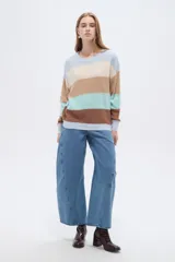 Sweater de tejido de punto con diseño de rayas horizontales en tonos celestes, beige, marrón y verde menta, con cuello redondo a la base y mangas largas de corte holgado.