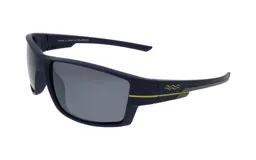 Lentes de sol deportivos con marco azul marino y detalles amarillos. Lentes polarizados grises.