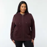 Buzo de chándal con capucha color borgoña, con cierre frontal y bolsillos laterales.