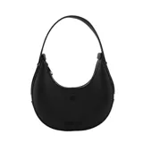 Cartera tipo hobo de diseño semicircular, confeccionada en material texturizado color negro. Presenta cierre superior, asa fija para llevar al hombro y detalle de logo grabado en la parte inferior junto con un aplique decorativo en forma de labios.