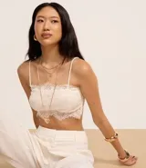 Blusa cropped de encaje color blanco, con escote recto, breteles finos y forro.