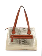 Cartera tipo shopper dorada con textura croco y asas marrones.