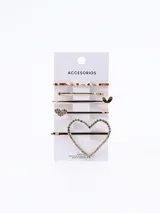 Set de cinco hebillas para el pelo en color dorado, que incluye tres horquillas simples con formas onduladas y dos hebillas con detalles de corazones decorados con cristales.