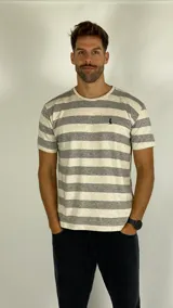 Remera de manga corta con diseño de rayas horizontales en tonos gris y beige, cuello redondo y pequeño logo bordado en el pecho.
