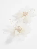 Aros colgantes con diseño de flor grande elaborada en tela tipo tul color blanco, con centro decorado con pequeñas cuentas brillantes. Cierre de gancho metálico.
