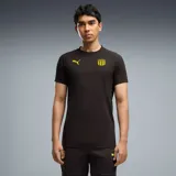 Remera deportiva Puma de manga corta color negro, con el logo de la marca en amarillo en el pecho y el escudo del Club Atlético Peñarol.