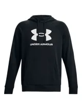 Buzo negro Under Armour de frisa con capucha y logo blanco estampado en el pecho. Cuenta con bolsillo tipo canguro y puños y cintura acanalados.