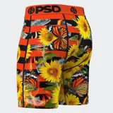 Calzoncillos bóxer de microfibra con estampado de girasoles, mariposas monarca y billetes de dólar en llamas. Cintura elástica naranja con logo PSD en negro.