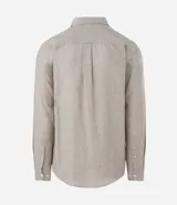 Camisa comfort de manga larga y cuello inglés, confeccionada en mezcla de lino y algodón. Presenta un diseño básico sin estampa con cierre frontal de botones.