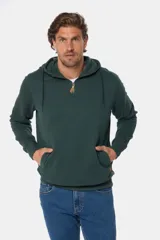 Canguro de felpa color azul marino, con medio cierre frontal y capucha. Presenta un bolsillo canguro frontal y detalles en cuero ecológico en el tirador del cierre.