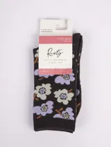 Medias de mujer Rusty con estampado de flores en tonos lila, blanco y marrón sobre fondo gris oscuro.