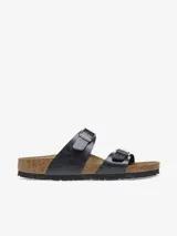 Sandalias Birkenstock modelo Sydney, color negro brillante, con dos correas ajustables con hebillas metálicas.