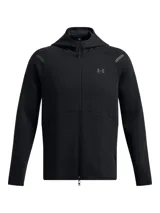 Campera deportiva con capucha Under Armour modelo Unstoppable FZ HD, en color negro. Confeccionada en tejido polar de doble punto con cierre frontal completo y bolsillos laterales con cremallera.