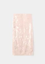 Falda midi recta de tejido semitransparente en tono rosado, recubierta de lentejuelas brillantes y forro interior.