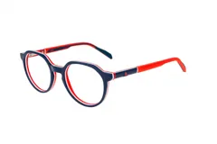 Armazón para lentes de acetato, con forma redonda, color azul marino con detalles en rojo y blanco.