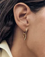Aros de tipo argolla pequeña en color dorado, con un diseño entrelazado de formas orgánicas y acabado brillante.