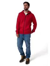 Buzo con capucha y cierre frontal completo, confeccionado en tejido fleece color rojo. Presenta bolsillos tipo canguro, puños y bajo acanalados, y etiqueta con logo de la marca en el bajo izquierdo.