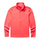 Buzo deportivo color coral con cierre 1/4, de calce regular y mangas largas con orificios para los pulgares.
