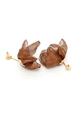 Aros colgantes dorados con diseño de flor de tela marrón translúcida y cierre de presión.