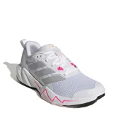 Championes de entrenamiento Adidas Rapidmove Go, color blanco con detalles en gris, naranja y fucsia. Presentan una estructura de malla transpirable, tecnología Climacool y suela con diseño geométrico.