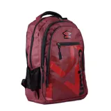 Mochila Umbro modelo Orbum, color azul con textura jaspeada. Presenta un diseño con estampa geométrica y el logo de la marca en la parte frontal, múltiples compartimentos con cierre y tiradores personalizados.