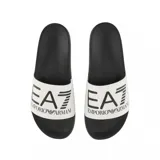 Ojotas EA7 Emporio Armani con base negra y banda superior blanca que presenta el logo de la marca en color negro.