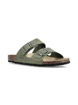 Sandalias Hush Puppies modelo Timbo, color verde militar, con doble tira ajustable con hebillas metálicas, plantilla anatómica de corcho y suela de goma antideslizante.