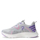 Championes deportivos Push, color gris claro con detalles en violeta y rosa. Presentan una suela blanca con detalles en violeta en la parte inferior.