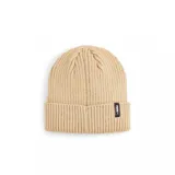 Gorro de lana color beige con logo de Puma en etiqueta rectangular gris en el frente.