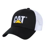 Gorro de gabardina negro con malla blanca en la parte trasera y logo de Caterpillar (CAT) bordado en blanco y amarillo en el frente.