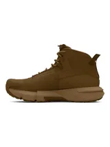 Botas tácticas Under Armour modelo Charged Valsetz Mid, color marrón. Presentan una parte superior sintética transpirable con refuerzos de PU, entresuela Charged Cushioning para mayor amortiguación y suela exterior Vibram XS Trek de alta tracción.