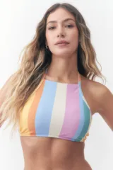 Top de bikini halter con diseño de rayas verticales multicolor en tonos celeste, naranja, amarillo, lila y verde.