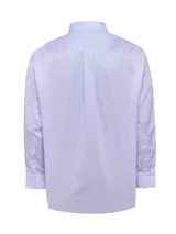 Camisa de manga larga RKF con estampado de rayas verticales en tonos azul, rosado y blanco. Presenta cuello americano abotonado, cierre frontal con botones, bolsillo en el pecho con logo bordado y puños ajustables.
