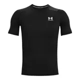 Remera deportiva Under Armour de la línea HeatGear, color negro, con ajuste al cuerpo, cuello redondo y mangas cortas. Presenta logo de la marca estampado en el pecho y paneles de malla para ventilación estratégica.