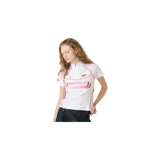 Remera de ciclismo blanca con mangas cortas, cierre frontal parcial en el cuello y detalles en rojo. Cuenta con estampados gráficos de la marca en el frente y mangas.