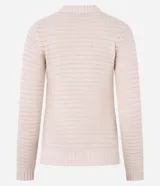 Buzo slim de chenille rayado color gris, con cuello redondo y manga larga. Presenta aberturas laterales e hilo metalizado. Marca Blue Steel, colección Primavera/Verano 2025.