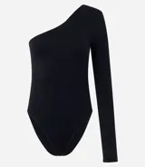 Body negro de un solo hombro con manga larga, confeccionado en tejido seamless texturizado y ajustado al cuerpo.