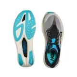 Championes de running Hoka Rocket X3, con diseño aerodinámico en tonos gris, negro y detalles en azul vibrante. Presenta una entresuela de espuma de alto rendimiento y suela con refuerzos de goma para mayor tracción.