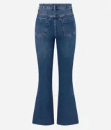 Pantalón de jean corte flare cropped, de tiro alto, con diseño ajustado en caderas y muslos, y botamanga acampanada con terminación deshilachada.